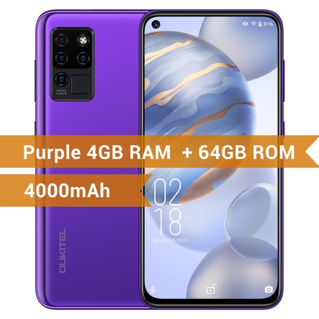 OUKITEL 4G C21 Smartphone Octa Core 4G+64GB 4000mAh Mobile Phone Selfie 6.4'' FHD+ Hole Punch Screen 20MP Quad Camera Phone