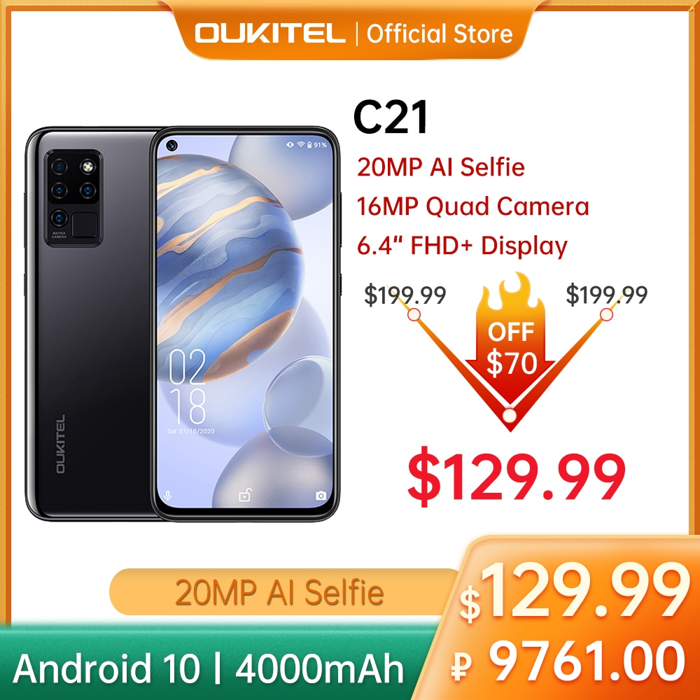 OUKITEL 4G C21 Smartphone Octa Core 4G+64GB 4000mAh Mobile Phone Selfie 6.4'' FHD+ Hole Punch Screen 20MP Quad Camera Phone